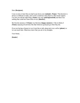 Euthanized Pet Condolence Letter Condolence Letter